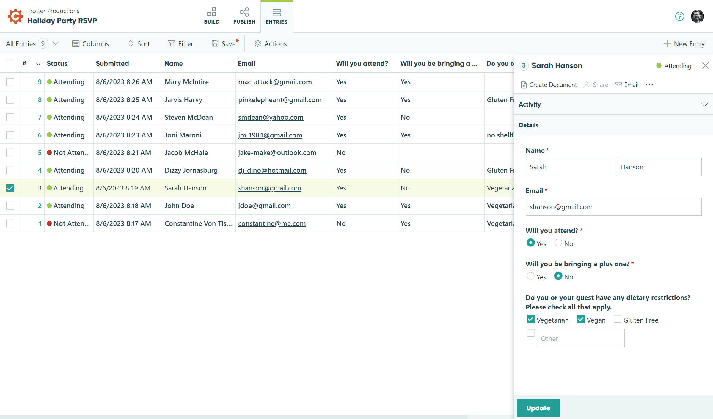 An app UI of a table of entries and one particular entry's details.