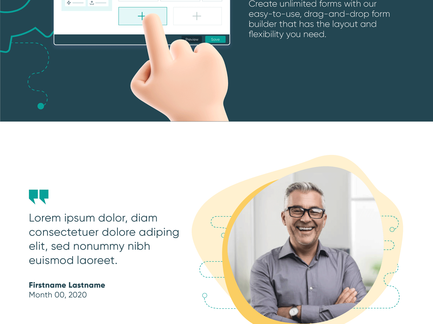 A section of a prototype website in the same 3D-rendered look, but complimented by a photograph of a man next to a lorem ipsum quote.