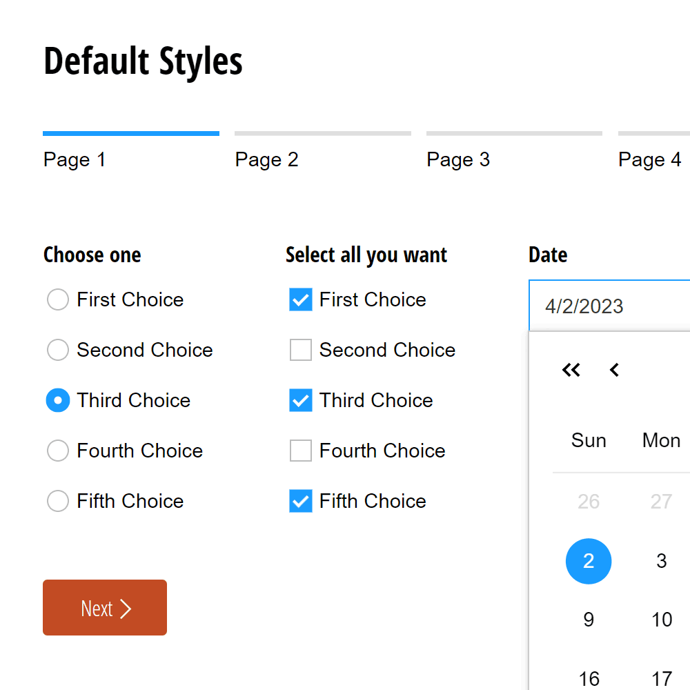 A detail view of a Cognito form with default styles. Shows a pager, radio button list, checkbox list, a datepicker, and a 'next' button.