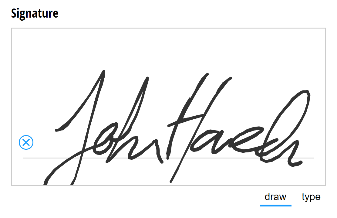 Shows the signature field with a hand drawn signature that is pretty illegible but the first name is John.